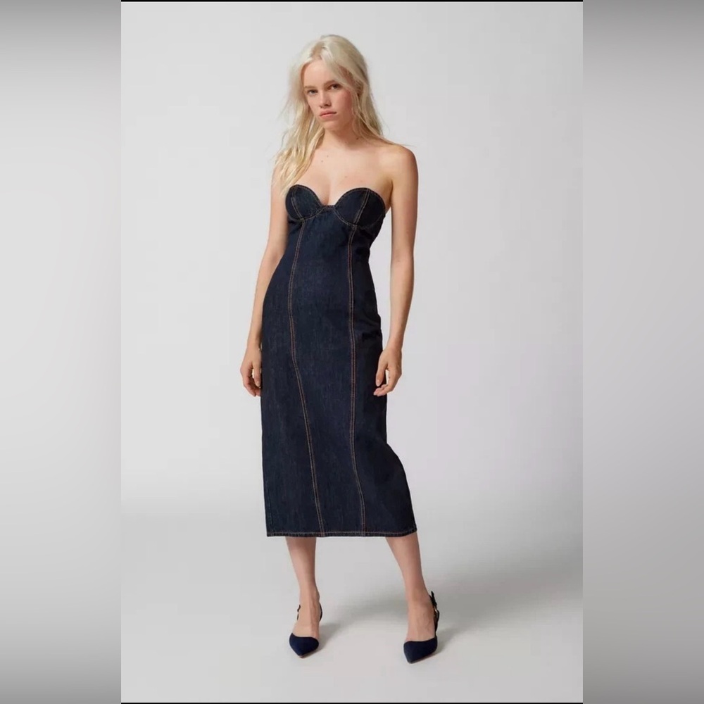 Lioness Dark Wash Denim Corset Bustier Bodycon Midi Dress Strapless Y2K Large